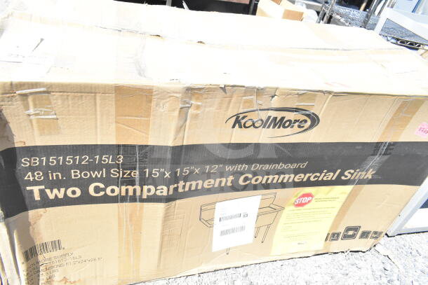 KoolMore SB151512-15L3 48 in. stainless steel commercial sink, new with scratch and dent, 2 compartments, 2 drainboards.