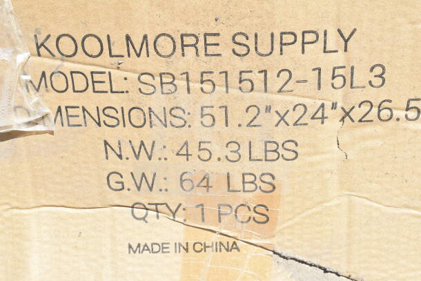 KoolMore SB151512-15L3 stainless steel sink box showing model, dimensions, and weight details; brand new with defects.