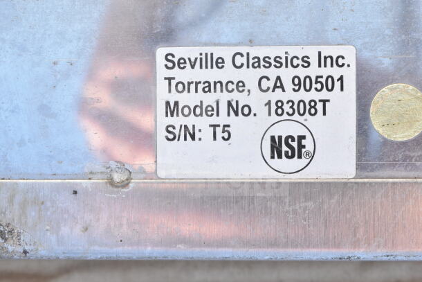 Label showing Seville Classics Inc., Torrance, CA, Model No. 18308T, S/N T5, NSF certified. Scratches visible.