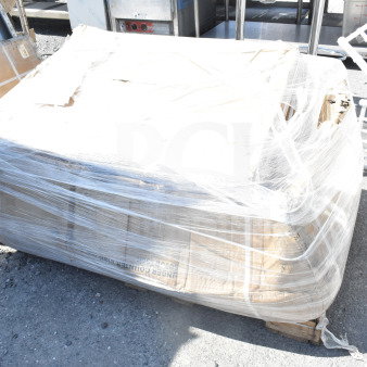 Pallet wrapped in plastic, contains 2 new items: 600UDT50R Regency 50" stainless dishtable and 24"x36" green epoxy shelf.