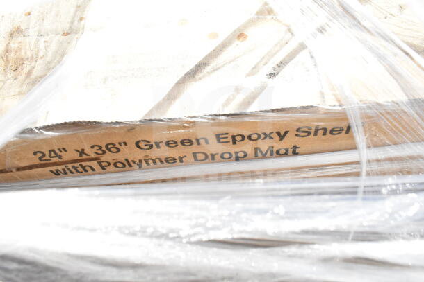 24"x36" Green epoxy shelf packaging with visible text: "with Polymer Drop Mat." Boxed under clear plastic wrap.