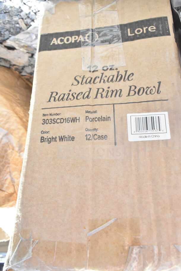 Box of Acopa 303SCD16WH 12 oz stackable raised rim bowls, porcelain, bright white, 12 per case.
