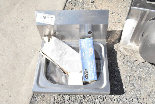Brand new single bay wall-mounted hand sink, stainless steel, includes 4" center wall mount faucet. Scratch and dent condition.