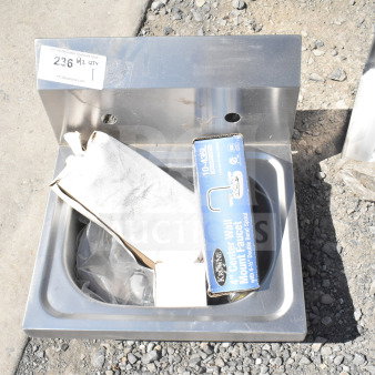 Brand new single bay wall-mounted hand sink, stainless steel, includes 4" center wall mount faucet. Scratch and dent condition.