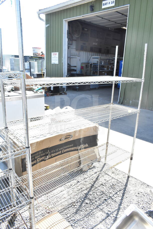Chrome finish 3-tier wire shelving unit in good condition. Buyer must dismantle. Consider freight charges.