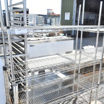 Chrome finish 5-tier wire shelving unit, sturdy design, buyer dismantle required, freight charges applicable.