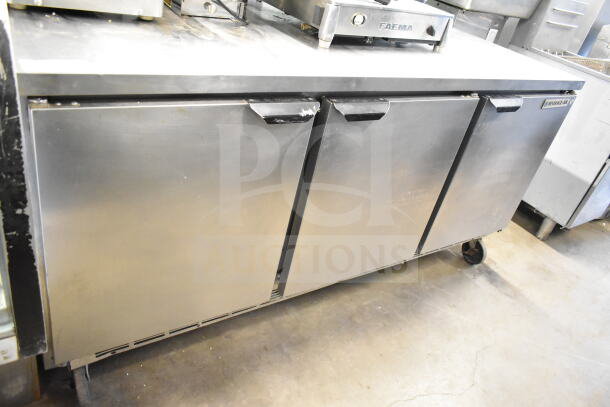 Beverage Air WTR72AY commercial 3-door undercounter cooler, stainless steel, 115V, 1 phase, used condition, on casters.