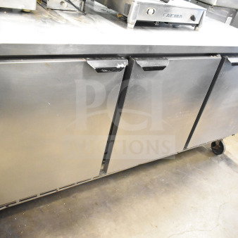 Beverage Air WTR72AY commercial 3-door undercounter cooler, stainless steel, 115V, 1 phase, used condition, on casters.