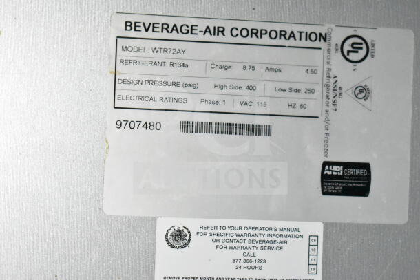 Beverage Air WTR72AY cooler label, showing model, refrigerant type R134a, electrical ratings at 115V, and warranty info.