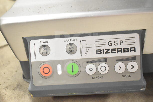 2018 Bizerba GSP HD commercial meat slicer, 120V, 1 phase, control panel with blade and carriage on/off buttons.