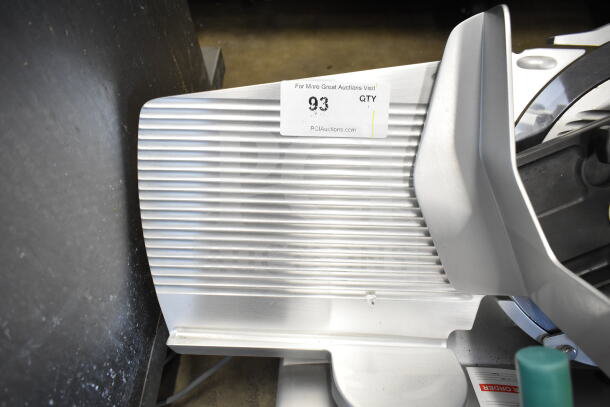 2018 Bizerba GSP HD meat slicer, 120 volts, 1 phase, stainless steel, excellent condition, auction tag 93 visible.