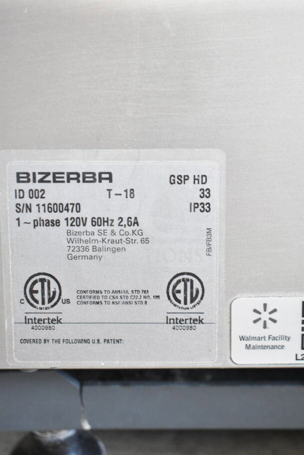 2018 Bizerba GSP HD meat slicer label, 120V, 1 phase, serial number 11600470, ETL certified, in good condition.