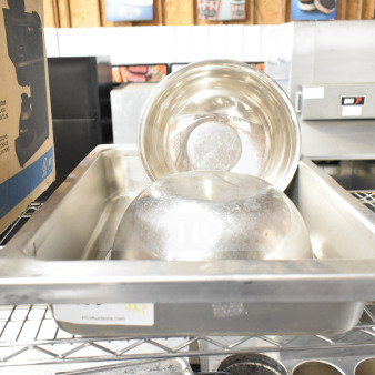 Two metal bowls inside a stainless steel drop-in bin on a wire shelf. Auction tag visible. 3 times your bid!