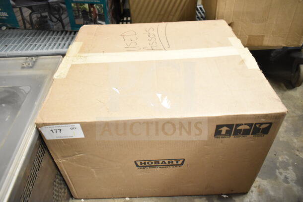 Cardboard box labeled Hobart, Troy, Ohio U.S.A., marked with shipping instructions. Contains 2017 Hobart HTi-7LH26 scale.