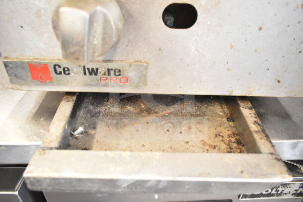 Cecilware Pro Commercial Countertop Gas Charbroiler Grill, showing wear and grease, with visible brand label.