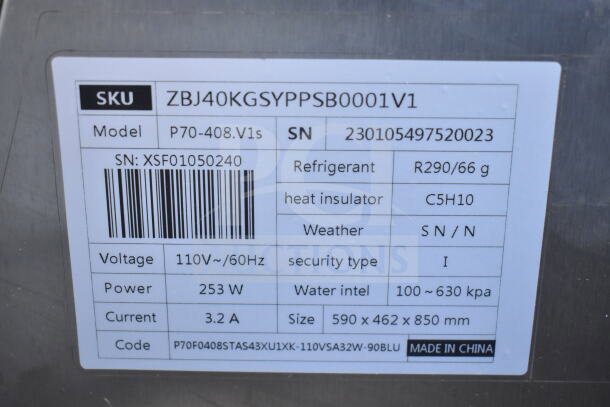 2023 Vevor P70-408.V1s Commercial Ice Machine label, 110V, 1 Phase, refrigerant R290, dimensions 590x462x850 mm.