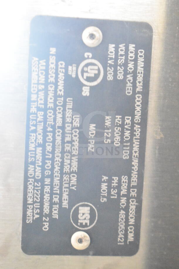 2023 Vulcan VC4ED-11D3 commercial convection oven plate, showing model, voltage, phase, and certification details.