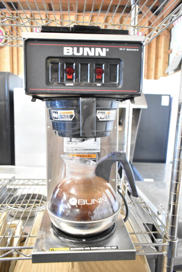 BRAND NEW SCRATCH AND DENT 2018 Bunn 13300.0002 VP17-2 SS Pourover Coffee Brewer, 2 Warmers, 120V, with warning labels visible.