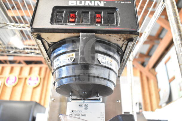 Brand new Bunn VP17-2 SS Pourover Coffee Brewer, 2 warmers, 120 volts, scratch and dent condition, front view.