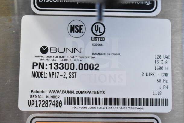 Bunn 13300.0002 VP17-2 Coffee Brewer label; shows model, serial number, 120V specs, NSF, UL listed badges.