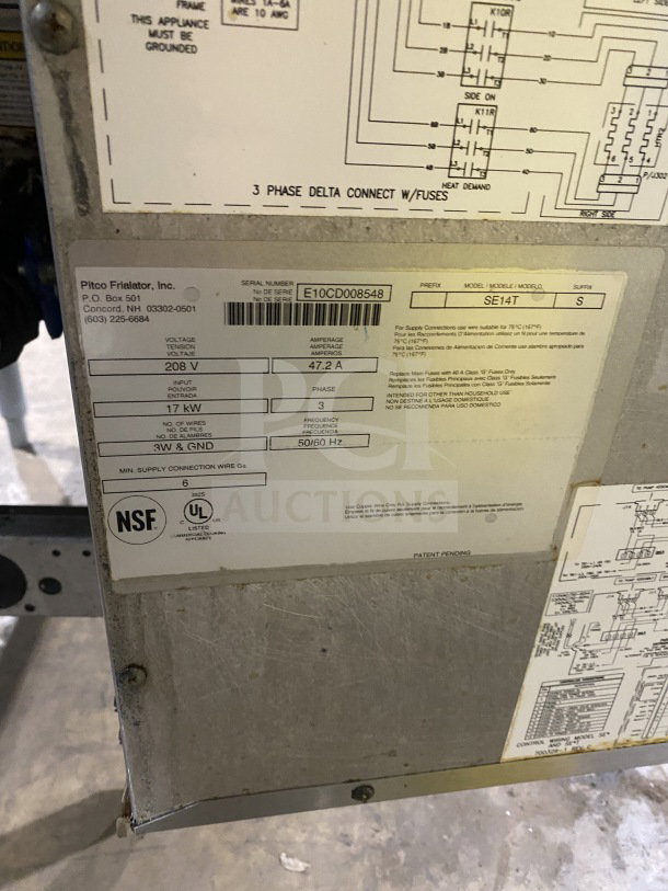 Pitco SE14T commercial stainless steel deep fat fryer with new fry basket, individual controls, back splash, basket hanger. Serial: E10CD008548.