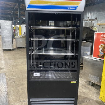 True TAC-36 black refrigerated open-air merchandiser with multi-tier shelves, pull-down night curtain, 36", 208-230V, 1 Phase.