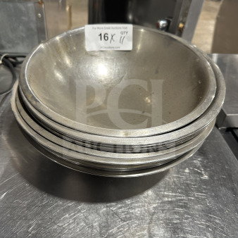 Stack of commercial stainless steel mixing bowls on a metal surface, label reads "16X QTY 11." Bowls appear in good condition.