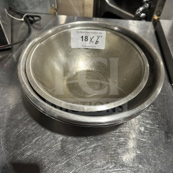 Stainless steel commercial mixing bowl, good condition, with auction label indicating lot 18, quantity 6.