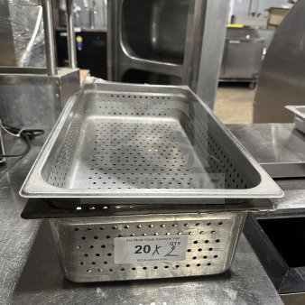 Stainless steel perforated pan in good condition; auction lot label showing "20X QTY 2" from PCI Auctions.
