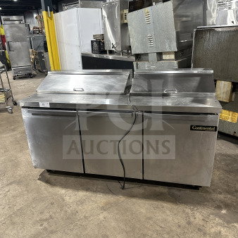 Continental Stainless Steel 3 Door Refrigerated Prep Table, Model SW72-18, with racks, casters, 115V 1 Phase, good condition.