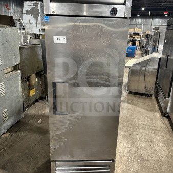 True T-23F stainless steel single door reach-in freezer, Energy Star certified, poly-coated wire rack, on casters.