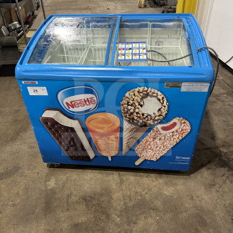 AHT RIOS100 ice cream chest freezer display with poly coated baskets, vibrant graphics, on casters, Model: 60126900001091.