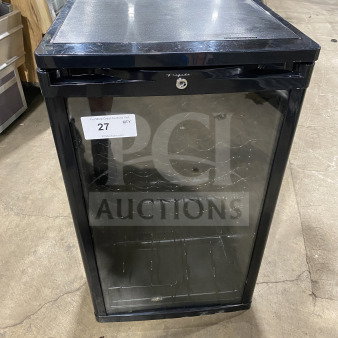 Frigidaire FWC342GB black glass door wine cooler, excellent condition, 115V, model and serial numbers visible.