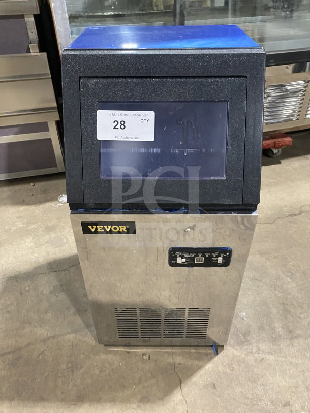 Vevor BY90PF commercial stainless steel ice maker with digital controls, cube-style. Serial: 231030606260223. 110V.