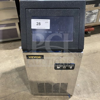 Vevor BY90PF commercial stainless steel ice maker with digital controls, cube-style. Serial: 231030606260223. 110V.