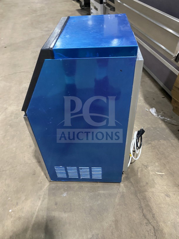 Vevor BY-90PF stainless steel ice machine with digital controls, 110V. Side view, blue panel, power cord visible.