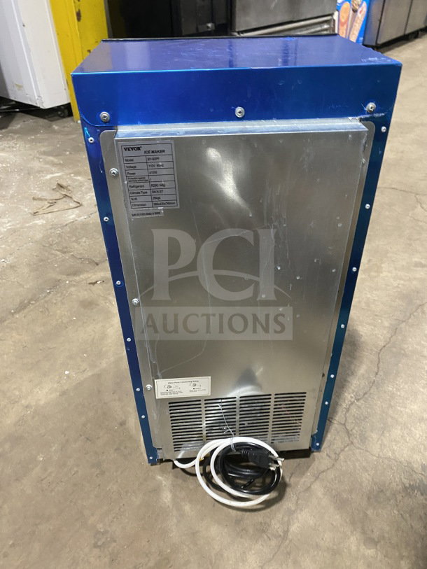 Vevor BY90PF commercial stainless steel ice maker, with digital controls, model and serial numbers visible, 110V power.
