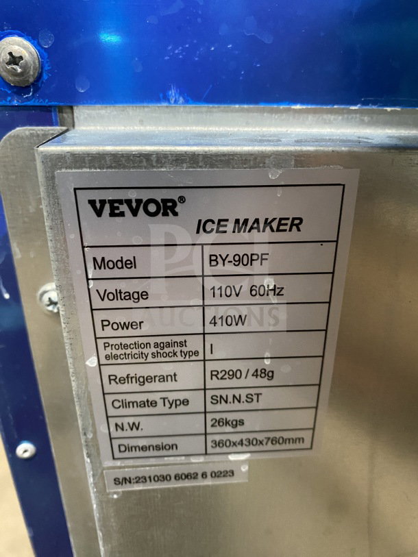 Vevor BY-90PF Ice Maker, stainless steel, digital controls, 110V, 410W. Label shows model, SN: 231030606260223, dimensions: 360x430x760mm.