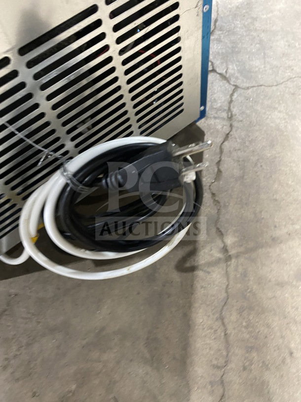 Vevor BY-90PF stainless steel ice machine, digital controls, power cord visible, model SN: 231030606260223, 110V.