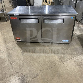 Turbo Air M3 Series 2-door stainless steel undercounter refrigerator, Energy Star, poly-coated wire rack, on casters.