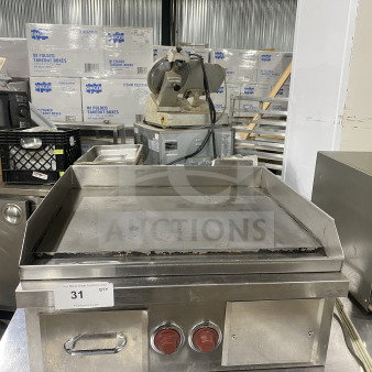 Ceciware stainless steel electric countertop griddle with back and side splash, visible red knobs, and SN: 519024.