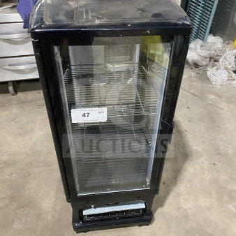 Winco CRD1K commercial black refrigerated display case, straight glass, multi-tier, wired rack, on legs, used condition.