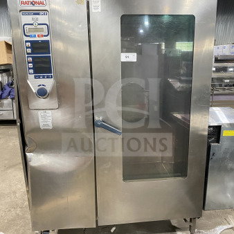 Rational ClimaPlus Combi G-Series commercial oven, stainless steel, natural gas, digital controls, on legs.