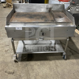 Wood Stone stainless steel countertop plancha griddle with back and side splash, undershelf cart, model WSPL48364CTOONG, on casters.