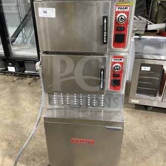 Vulcan VSX24G stainless steel commercial dual compartment convection steamer, natural gas, individual controls, pan rack, 120V.