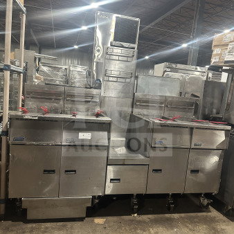 Pitco FGSGH50 commercial fryer system, 4-bay, natural gas, stainless steel, with basket hangers, oil filter, on casters.