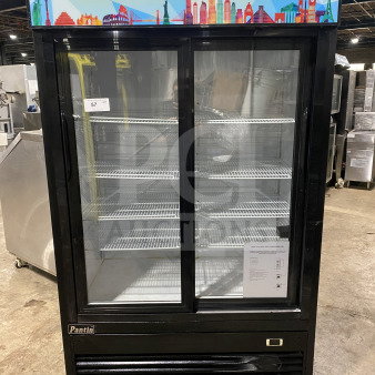 Dukers GDM40BS commercial refrigerator with 2 sliding doors, poly coated racks, on casters, 115V, in good condition.