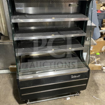 Turbo Air TOM-40M(B) black multi-tier refrigerated merchandiser with stainless steel interior, model SN TMM40146009, 120V.