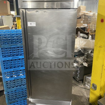 Universal Coolers stainless steel single door refrigerator, poly coated rack, 115V, on casters, excellent condition.