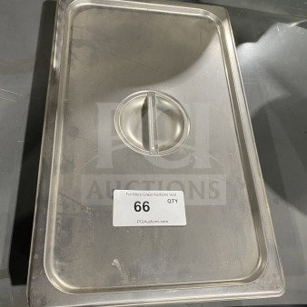 Commercial stainless steel hotel pan with flat lid, recessed handle. Tag shows auction details: "For More Great Auctions Visit PCI Auctions. Qty 66."
